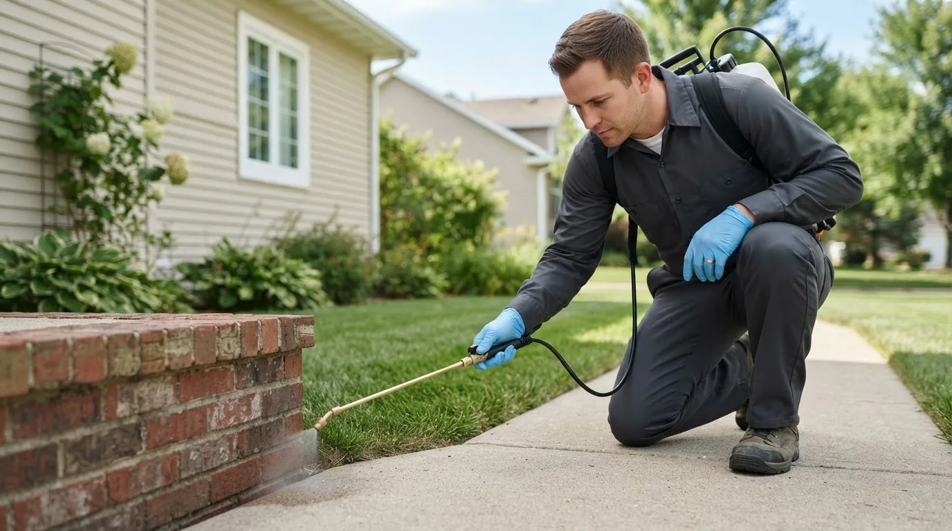 Pest control technician treating a home near Catharine, KS